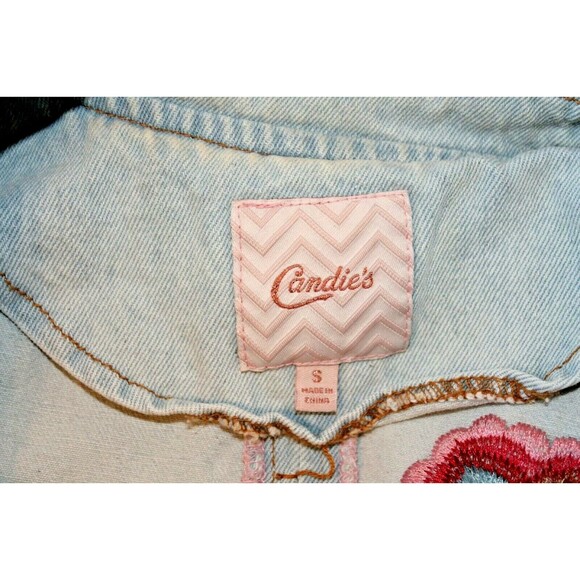 Candies Denim Jacket Floral Blue Bird Embroidered Asymmetric Zip Jean Womens S - Picture 5 of 7